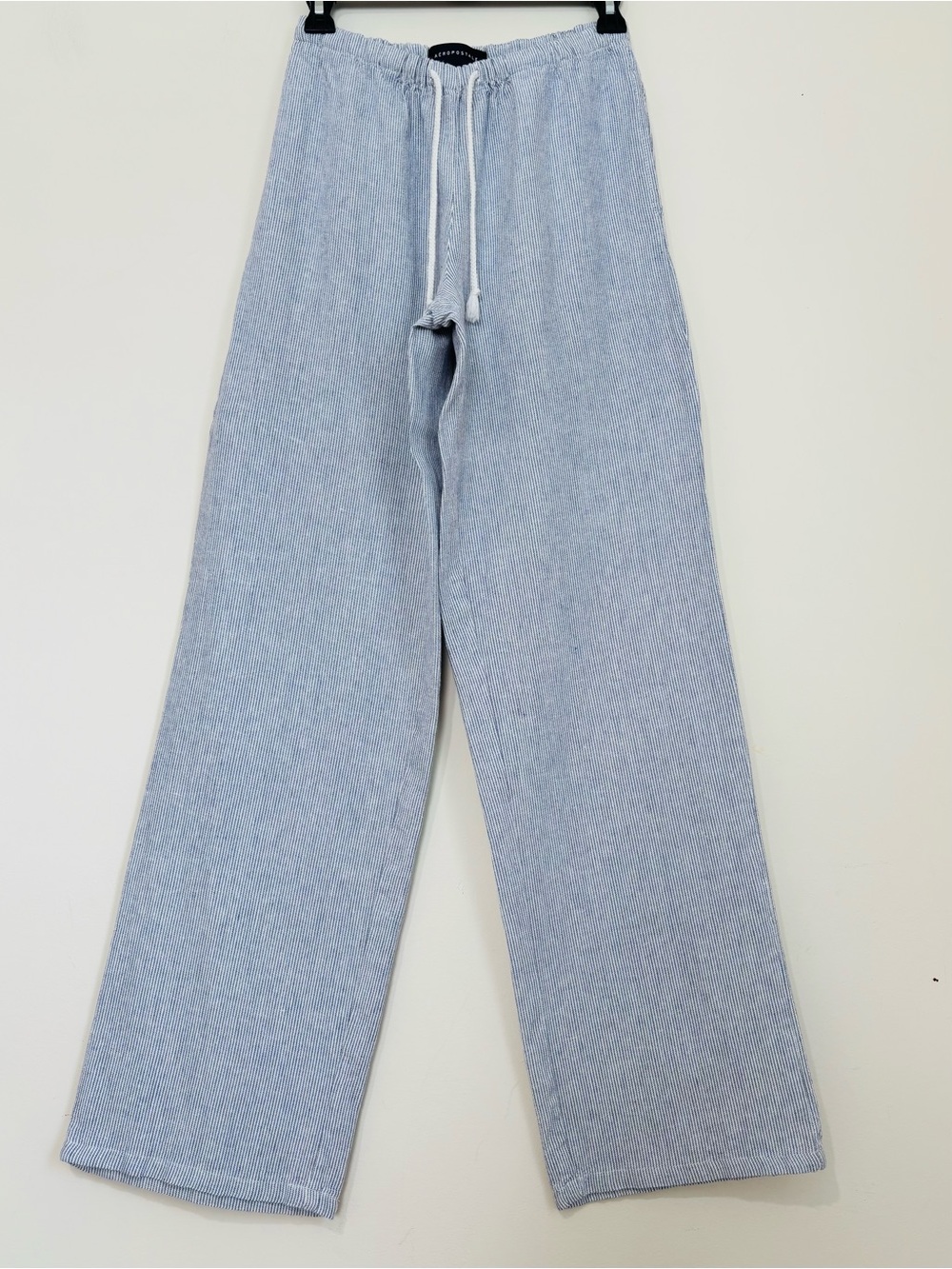 Aeropostale Linen Blend Blue White Pinstripe Straight Leg Pull On Slouchy Pants